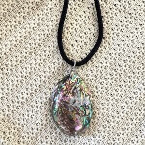 Large Abalone Shell Pendant Necklace Iridescent Paua Statement 18” Black Cord